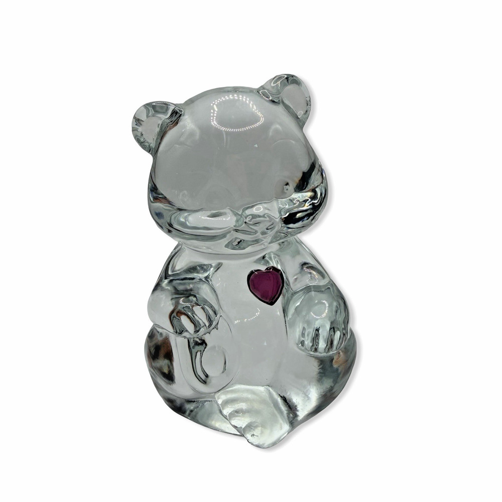 Vintage Clear Glass Teddy Bear Figurine w/ Red Heart Paperweight 3.5”